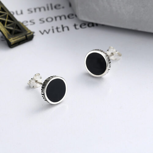 Bông Tai Bạc S925 Mặt Đen Tròn Tối Giản HTT364