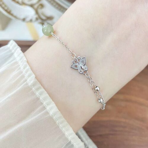 Lắc Bạc Nữ S925 Charm Bướm Ngọc Xanh HTT420T Trắng