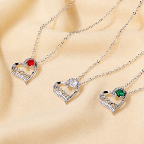 Dây Chuyền Trái Tim Chữ “Mom” Bạc S925 Đính Đá Zircon HTT451 Đỏ Hồng