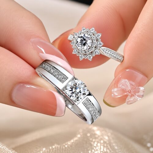 Nhẫn Đôi Đính Kim Cương Moissanite Sang Trọng Bạc S925 HTT288 HTT289