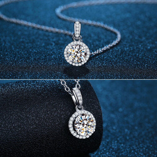 Dây Chuyền Halo Tròn Đính Kim Cương Moissanite 1 Carat Bạc S925 Cao Cấp HTT249D Đen