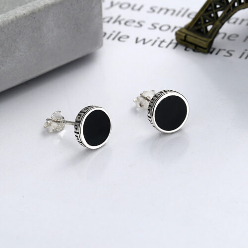 Bông Tai Bạc S925 Mặt Đen Tròn Tối Giản HTT364