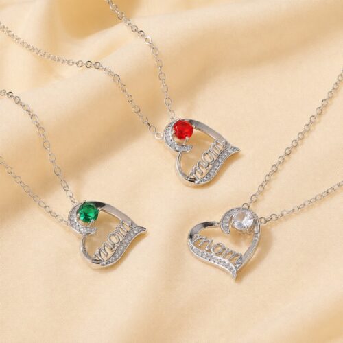 Dây Chuyền Trái Tim Chữ “Mom” Bạc S925 Đính Đá Zircon HTT451 Đỏ Hồng