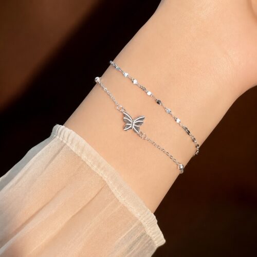 Lắc Bạc Nữ S925 Hai Lớp Charm Bướm HTT402T Trắng
