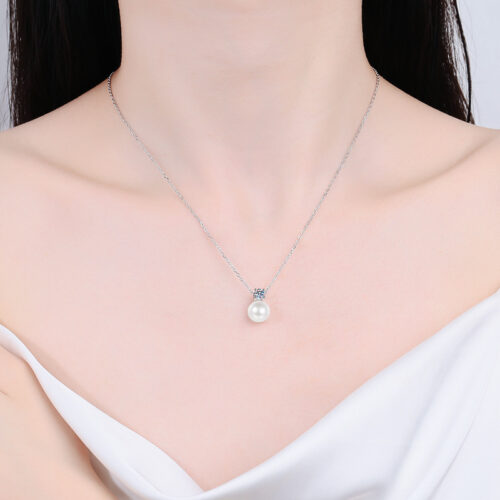 Dây Chuyền Kim Cương Moissanite Mặt Nơ Đính Ngọc Trai Bạc S925 HTT334T Trắng