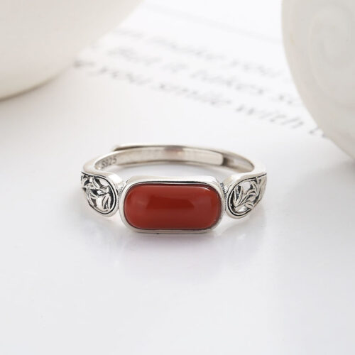 Nhẫn Bạc Nữ S925 Đính Đá Đỏ Phong Cách Vintage Cổ Điển HTT358