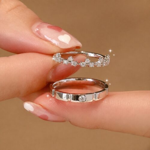 Nhẫn Đôi Đính Kim Cương Moissanite Bạc S925 Cao Cấp HTT294 HTT295