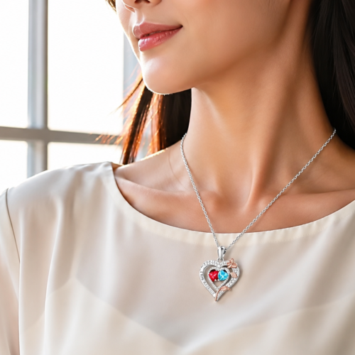 Dây Chuyền Đôi Trái Tim Bạc S925 Đính Đá Zircon HTT454 Đỏ – Lục