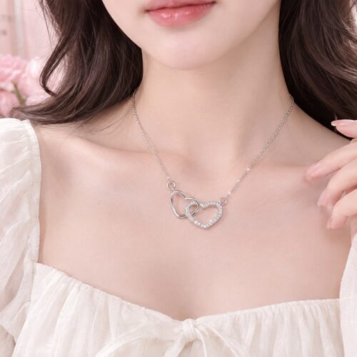 Dây Chuyền Trái Tim Đôi Bạc S925 Đính Đá Zircon HTT465 Hồng