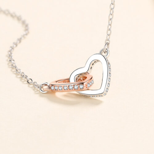 Dây Chuyền Đôi Trái Tim Đan Xen Nữ Bạc S925 Đính Đá HTT489