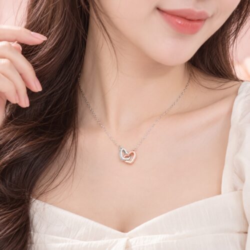 Dây Chuyền Đôi Trái Tim Đan Xen Nữ Bạc S925 Đính Đá HTT489